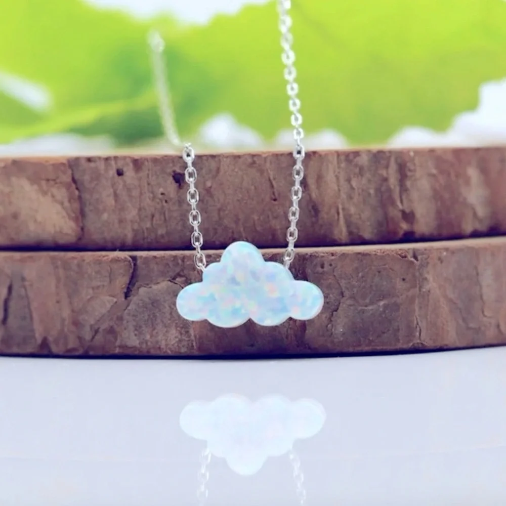 “White Opal Cloud” Rainbow Iridescent Glittery Cumulus Sky Weather 925 Necklace